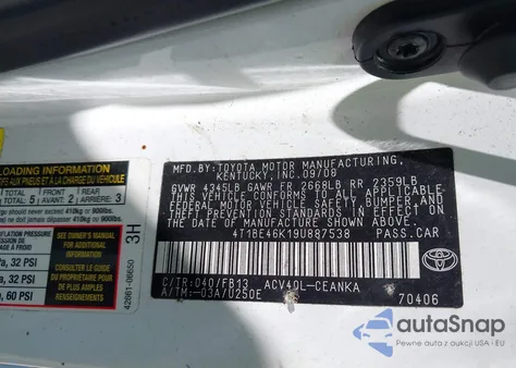 2009 Toyota Camry Se/Le/Xle из США, поврежденный, VIN 4T1BE46K19U887538